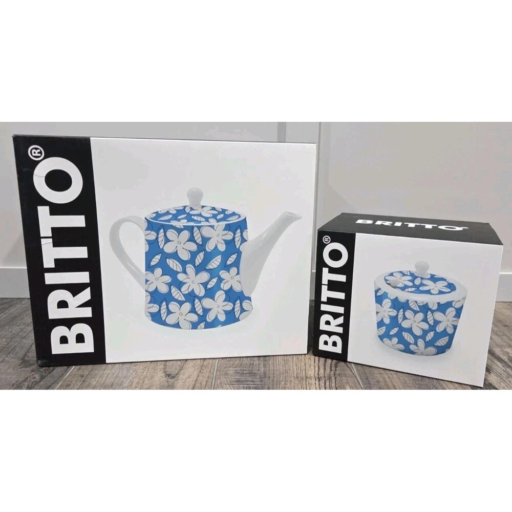 ROMERO BRITTO SET CHINA  Blue Flowers Coffee Pot & Sugar Pot NEW IN BOX